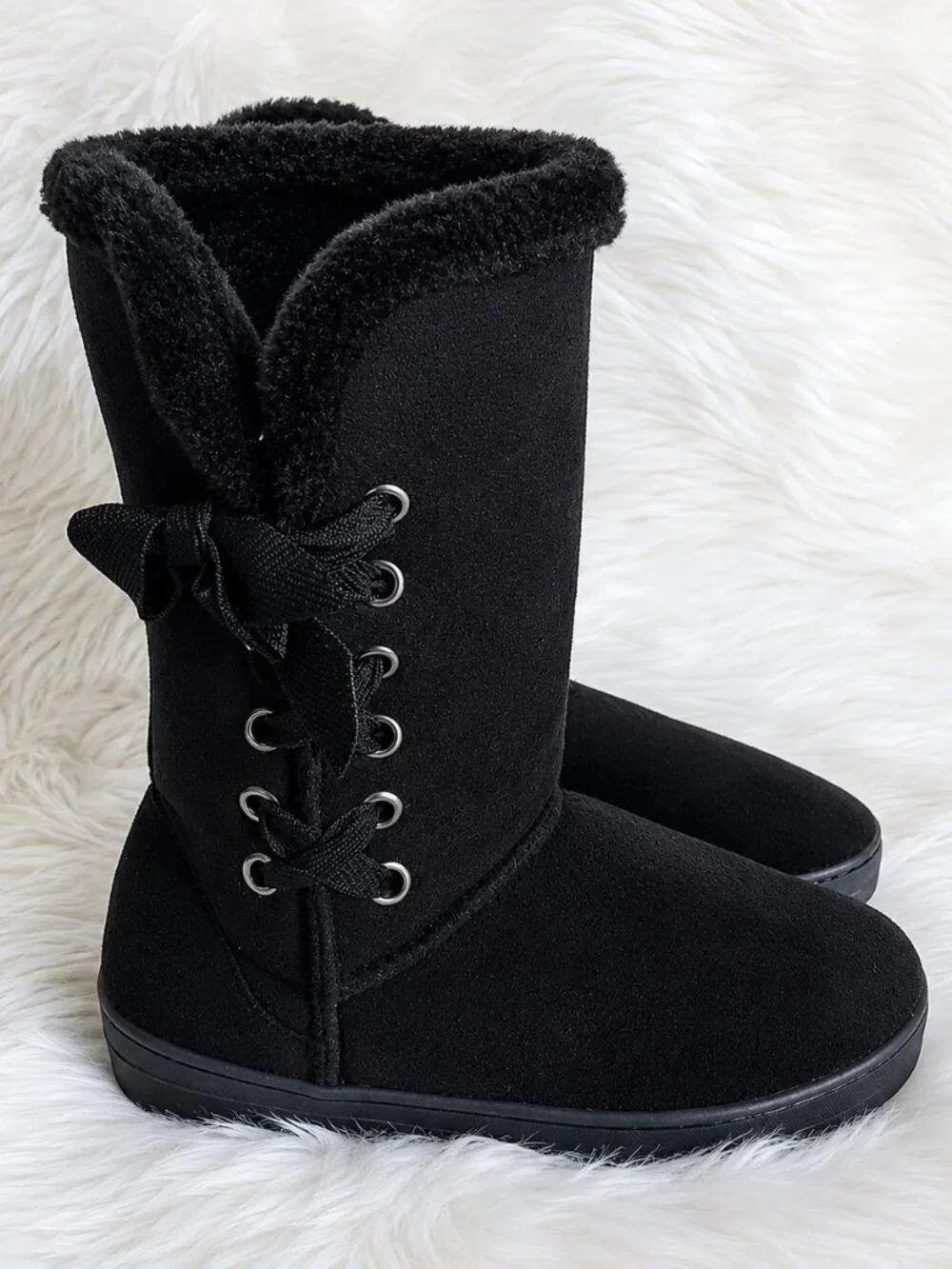 Chatties Chatz Black Mid-Calf Microsuede Faux Fur Trim Winter Boots SZ 5/6